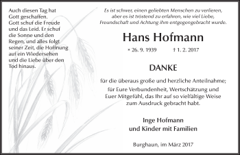 Traueranzeige von Hans Hofmann 