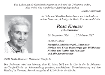Traueranzeige von Rosa Kreuzer 