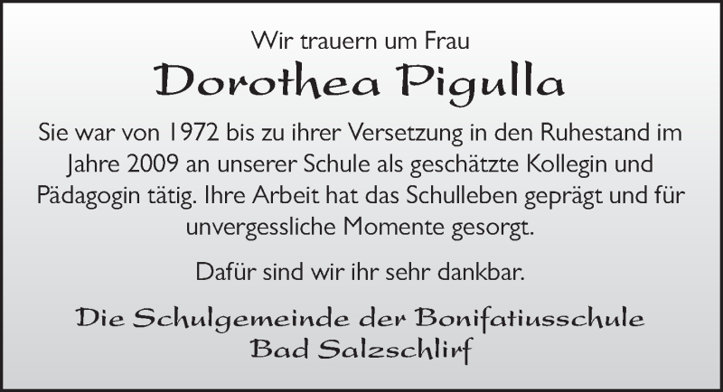  Traueranzeige für Dorothea Pigulla vom 11.03.2017 aus 