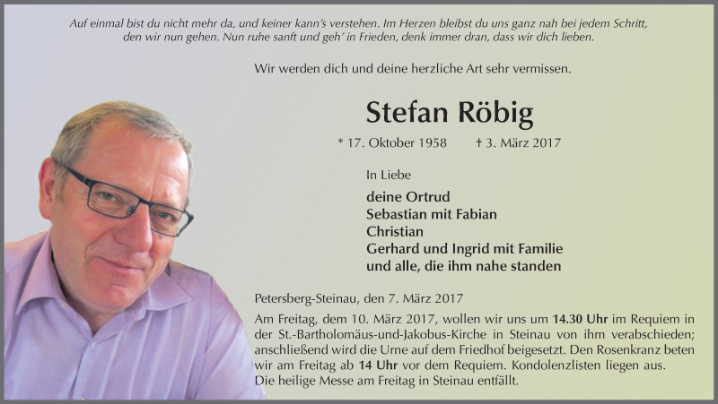  Traueranzeige für Stefan Röbig vom 07.03.2017 aus 