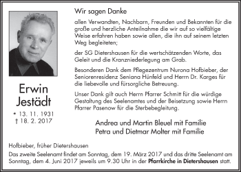 Traueranzeige von Erwin Jestädt 