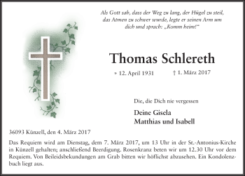 Traueranzeige von Thomas Schlereth 