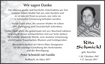 Traueranzeige von Rita Schmickl 