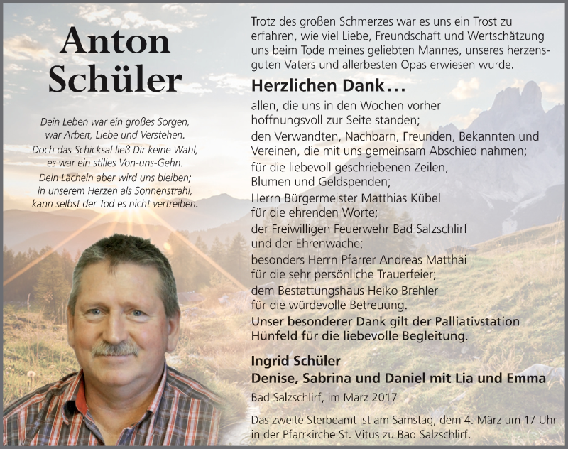  Traueranzeige für Anton Schüler vom 04.03.2017 aus 