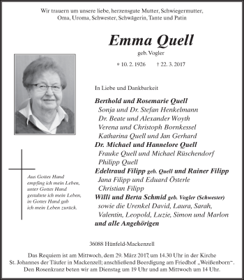 Traueranzeige von Emma Quell 