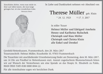 Traueranzeige von Therese Müller 