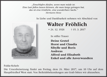 Traueranzeige von Walter Fröhlich 