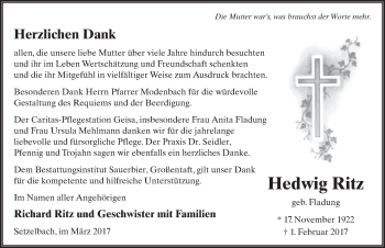 Traueranzeige von Hedwig Ritz 