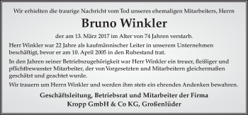 Traueranzeige von Bruno Winkler 
