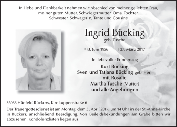 Traueranzeige von Ingrid Bücking 