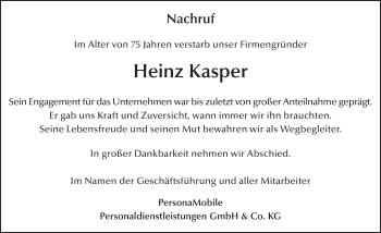 Traueranzeige von Heinz Kasper 