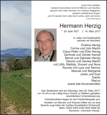 Traueranzeige von Hermann Herzig 