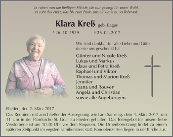 Traueranzeige von Klara  Kreß 