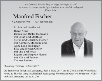 Traueranzeige von Manfred Fischer 