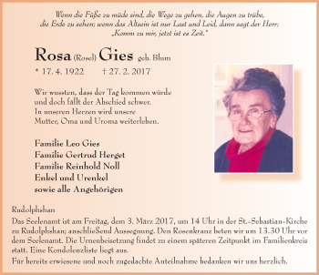 Traueranzeige von Rosa Gies 