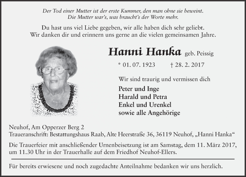  Traueranzeige für Hanni Hanka vom 08.03.2017 aus 