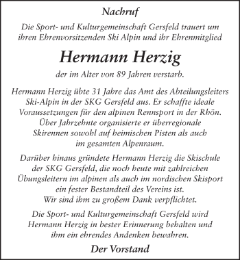 Traueranzeige von Hermann Herzig 