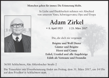 Traueranzeige von Adam Zirkel 