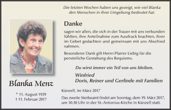 Traueranzeige von Blanka Menz 