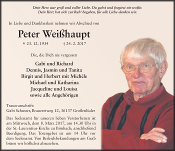 Traueranzeige von Peter Weißhaupt 