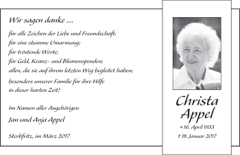 Traueranzeige von Christa Appel 