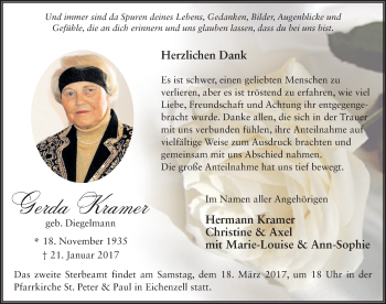Traueranzeige von Gerda Kramer 