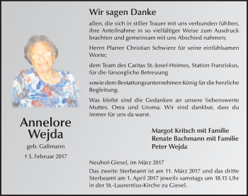 Traueranzeige von Annelore Wejda 