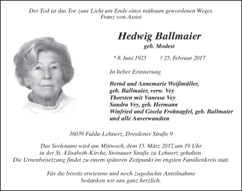 Traueranzeige von Hedwig Ballmaier 