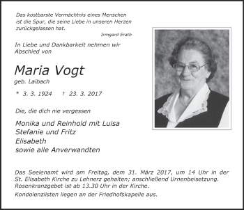 Traueranzeige von Maria Vogt 