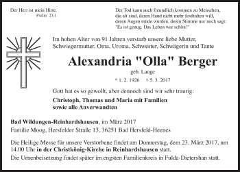 Traueranzeige von Alexandria Berger 