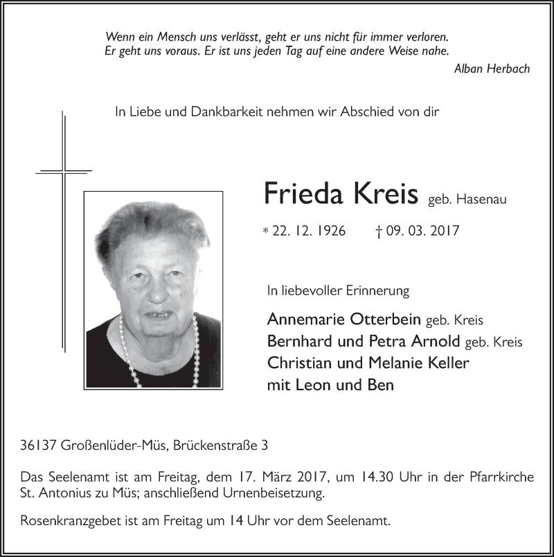  Traueranzeige für Frieda Kreis vom 15.03.2017 aus 