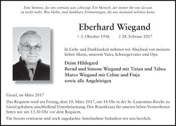 Traueranzeige von Eberhard Wiegand 