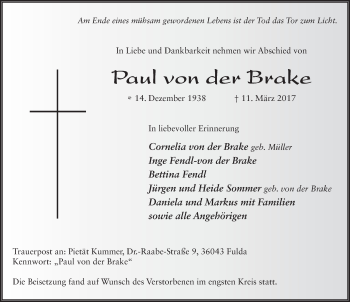 Traueranzeige von Paul von der Brake 
