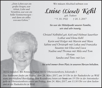 Traueranzeige von Luise Kehl 