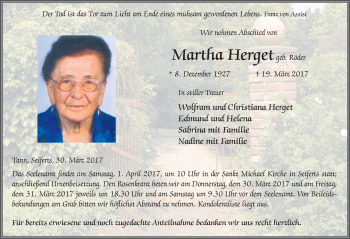 Traueranzeige von Martha Herget 