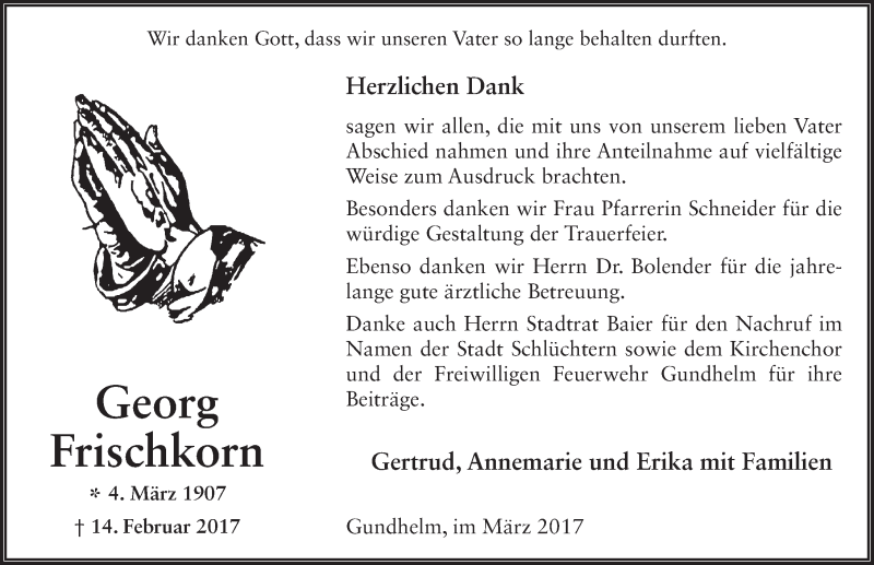 Traueranzeige für Georg Frischkorn vom 25.03.2017 aus 