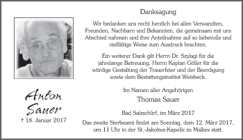 Traueranzeige von Anton Sauer 