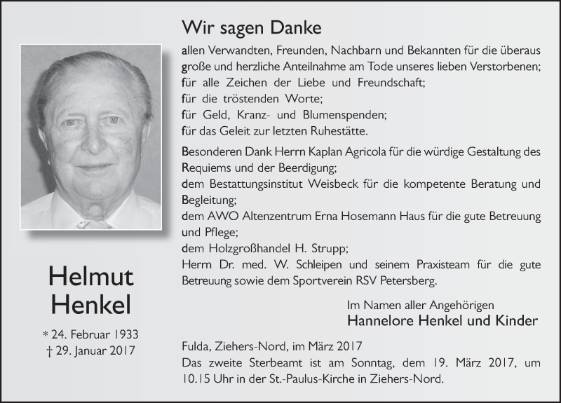  Traueranzeige für Helmut Henkel vom 15.03.2017 aus 