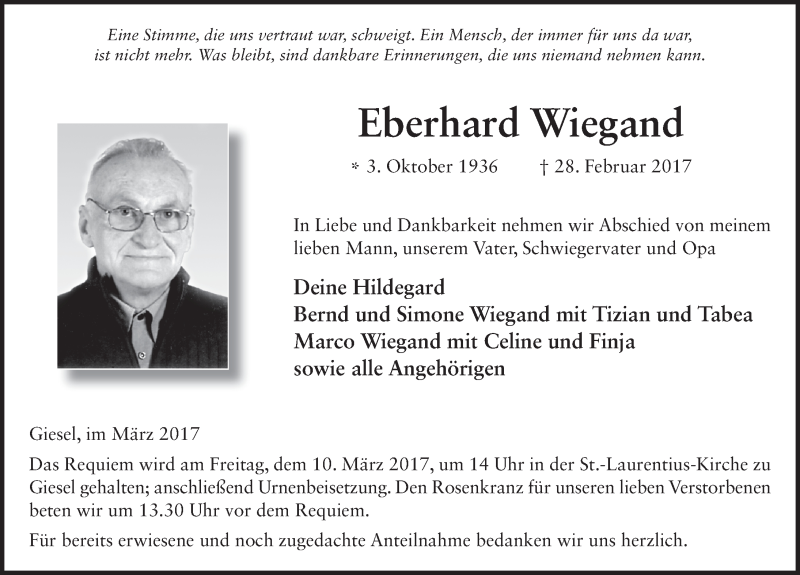  Traueranzeige für Eberhard Wiegand vom 07.03.2017 aus 