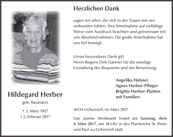 Traueranzeige von Hildegard Herber 