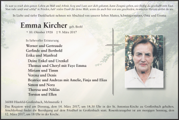 Traueranzeige von Emma Kircher 
