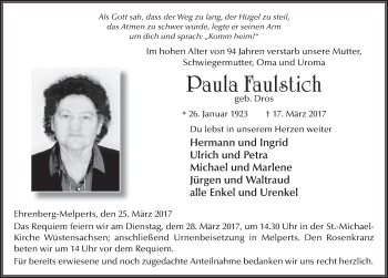 Traueranzeige von Paula Faulstich 