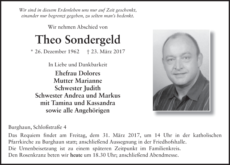  Traueranzeige für Theo Sondergeld vom 29.03.2017 aus 