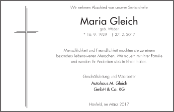 Traueranzeige von Maria Gleich 