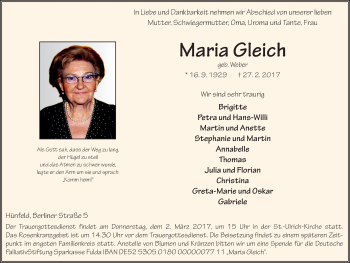 Traueranzeige von Maria Gleich 