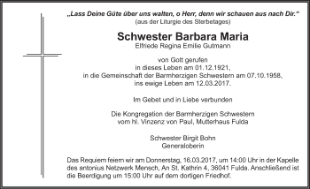 Traueranzeige von Schwester Barbara Maria 