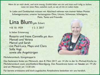 Traueranzeige von Lina Blum 
