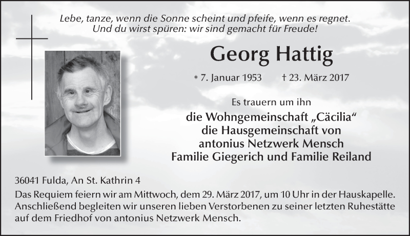  Traueranzeige für Georg Hattig vom 27.03.2017 aus 
