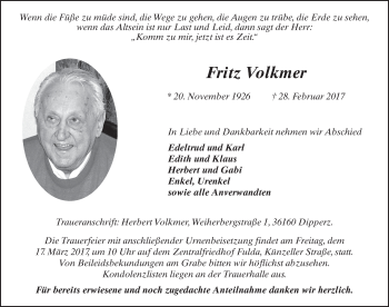 Traueranzeige von Fritz Volkmer 