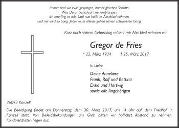 Traueranzeige von Gregor de Fries 